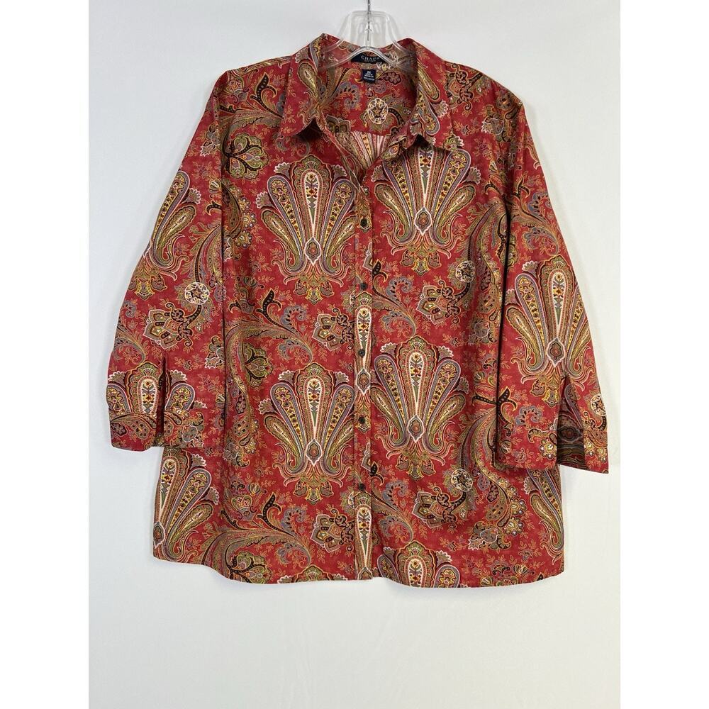 Womens 2X Chaps No Iron Red Paisley 3/4 Sleeve Button Down Shirt